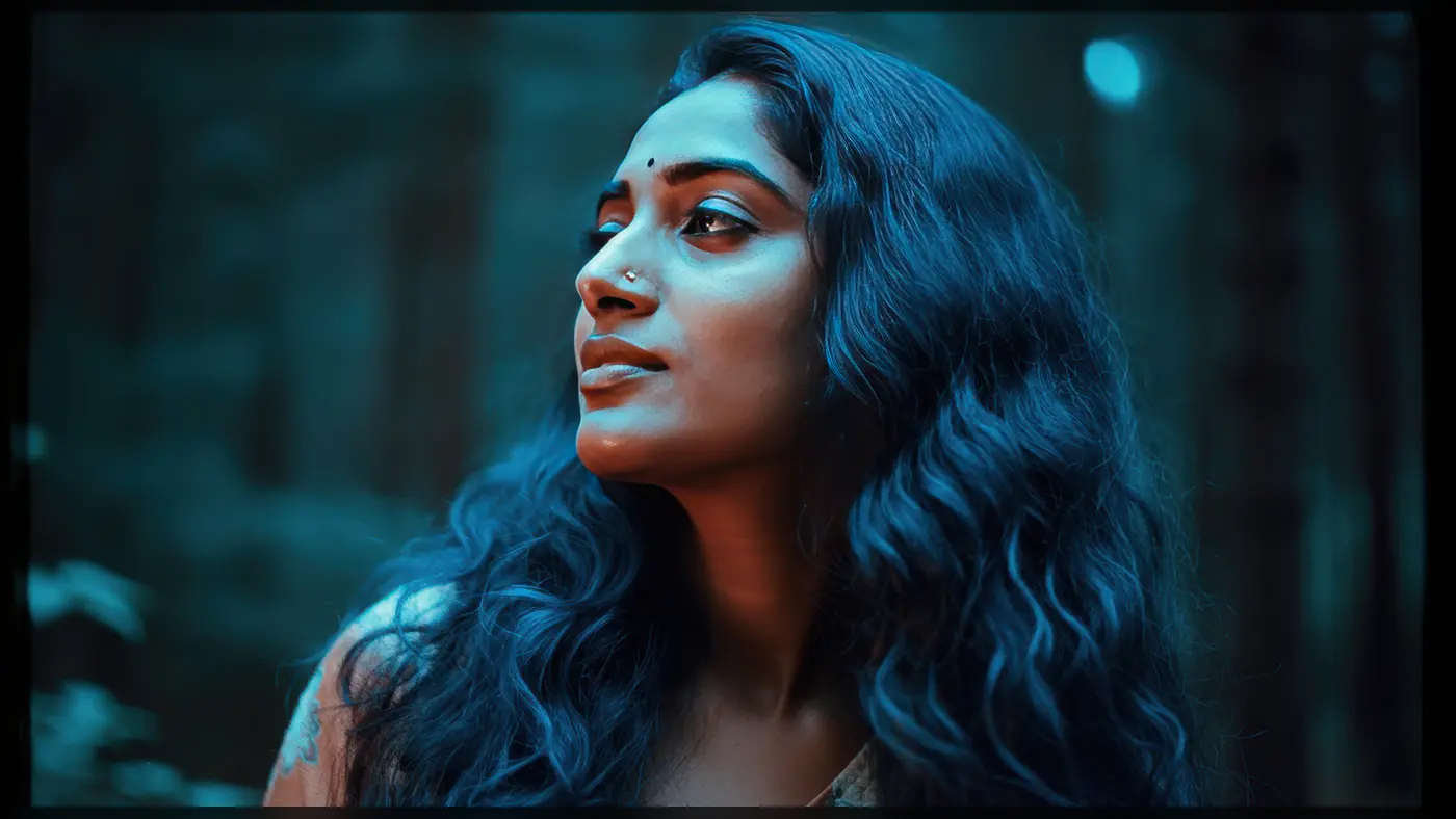 Elegant Indian Woman in Blue-Toned Forest Portrait