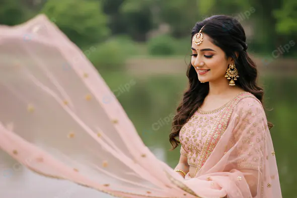 Elegant Indian Woman in Pastel Lehenga with Flowing Dupatta Outdoors