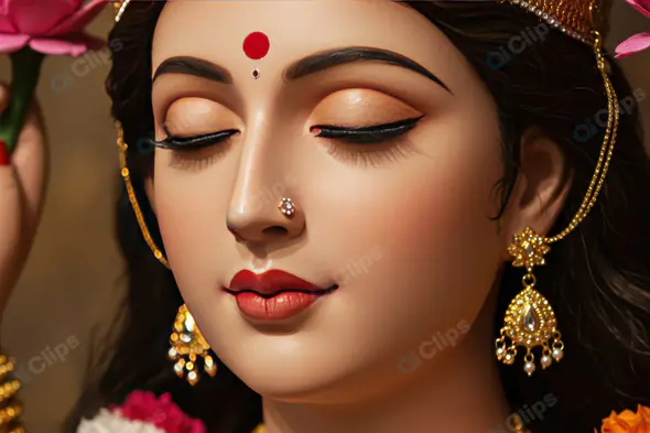 Graceful Portrait of Indian Goddess Devi Holding Lotus Flowers