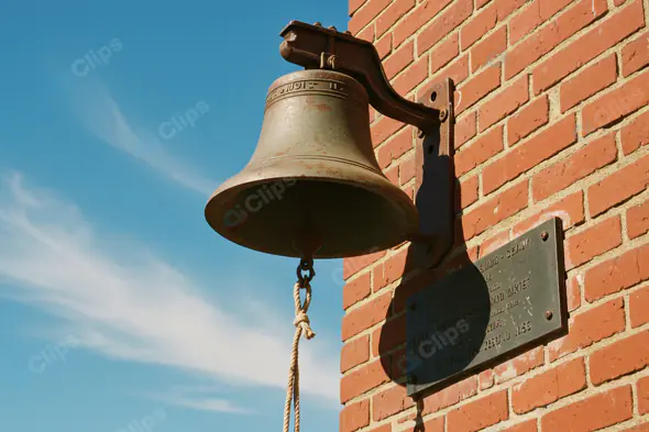 Vintage Bell Mounted on Brick Wall Under Blue Sky
