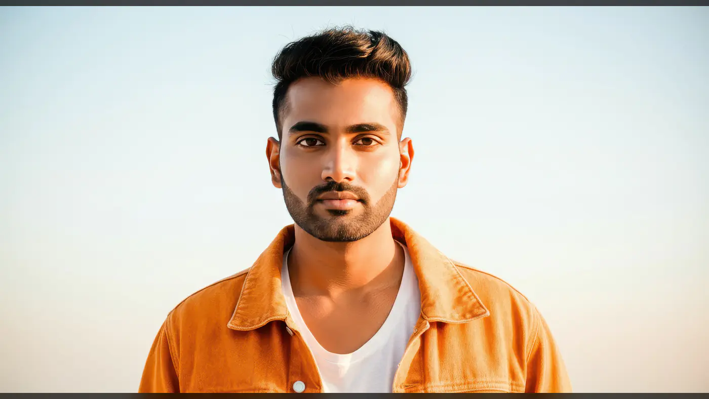 Confident Indian Man in Orange Jacket at Sunset Outdoors