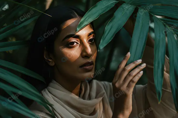 Elegant Woman in Nature with Dramatic Light and Palm Leaves