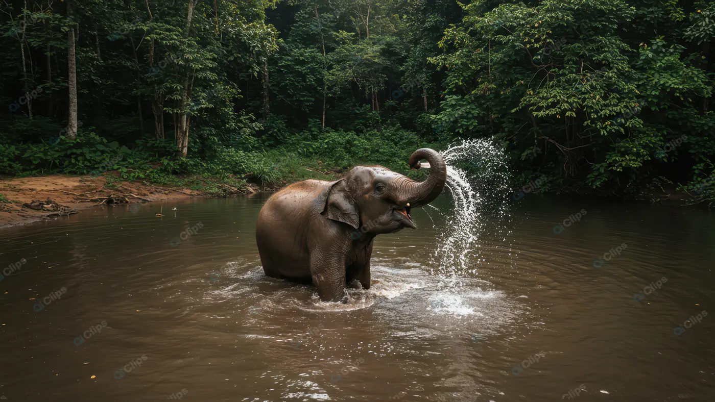 Playful Young Elephant Splashing Water in Jungle River – Wildlife Photography Asset