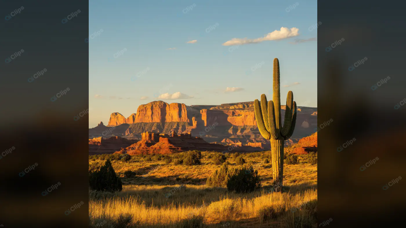 Golden Sunset Over Desert Cactus and Red Rock Formations