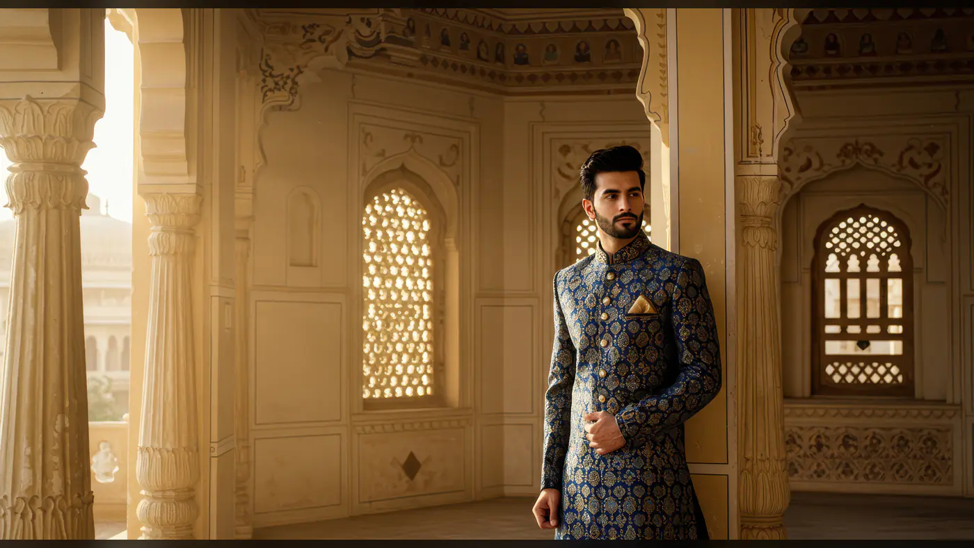 Indian Groom in Royal Blue Sherwani – Traditional Wedding Portrait in Heritage Palace