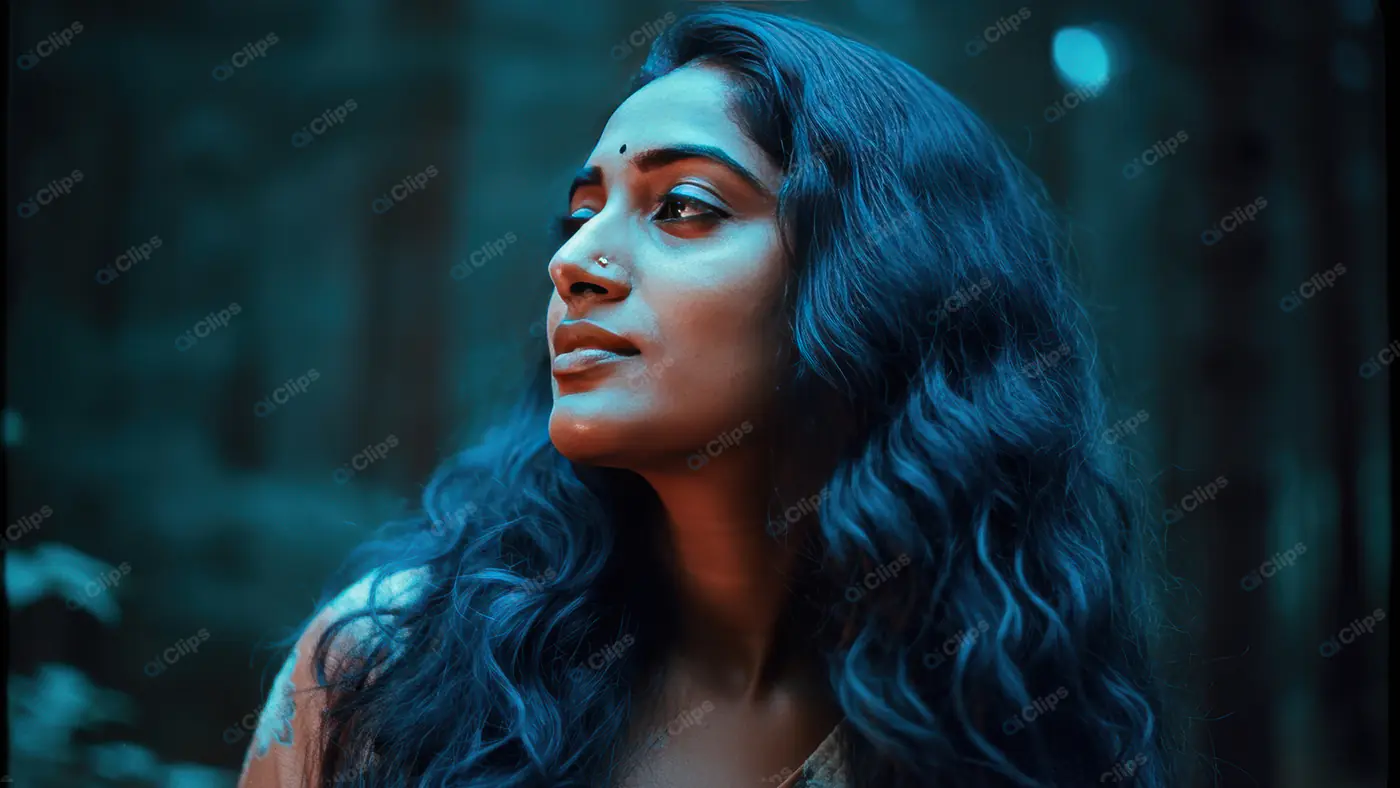 Elegant Indian Woman in Blue-Toned Forest Portrait