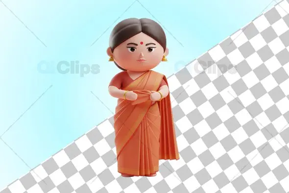 3D Indian Woman in Orange Saree