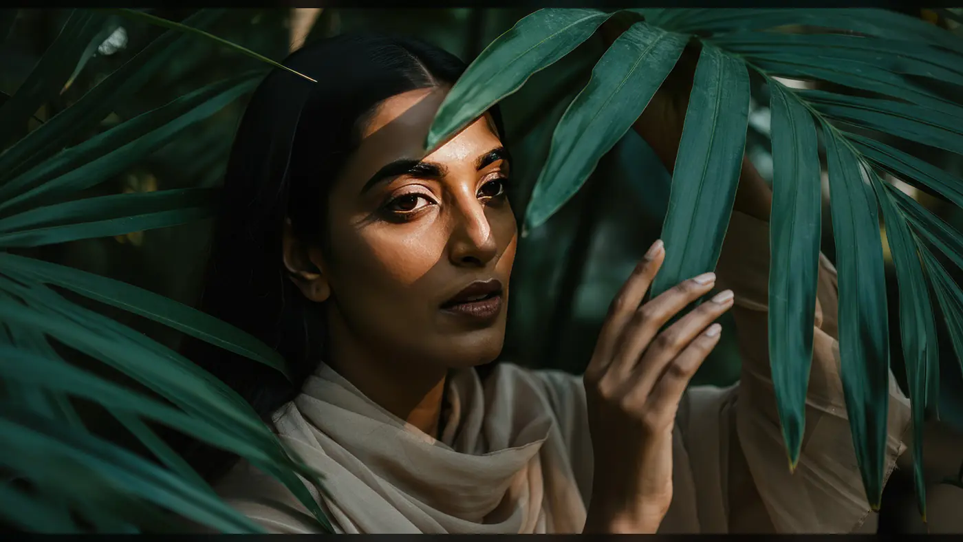 Elegant Woman in Nature with Dramatic Light and Palm Leaves