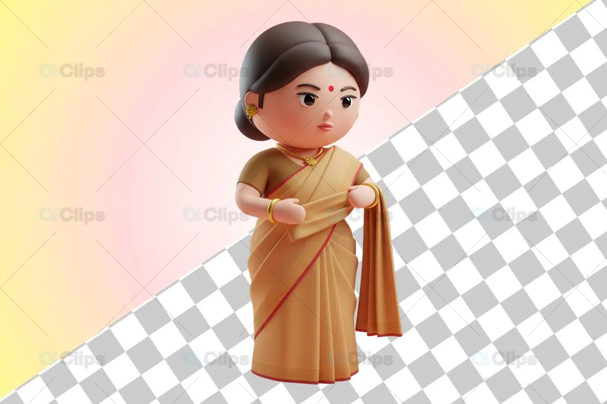 3D Traditional Indian Woman in Golden Saree