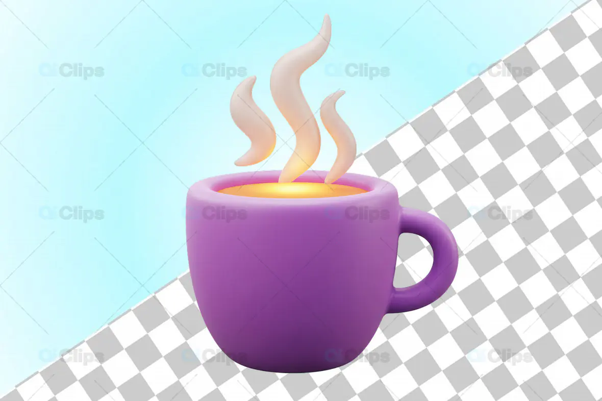 3D Purple Coffee Mug with Steam and Warm Yellow Drink