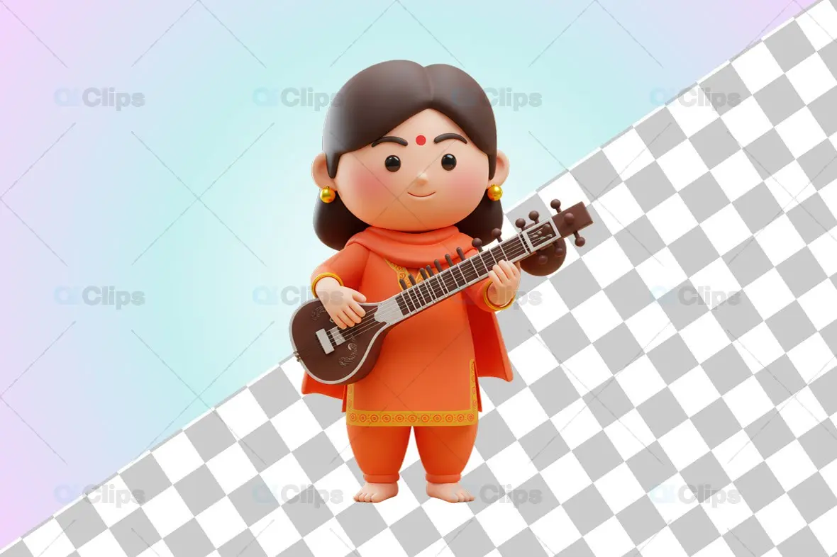 Indian Woman Holding Sitar - 3D Illustration