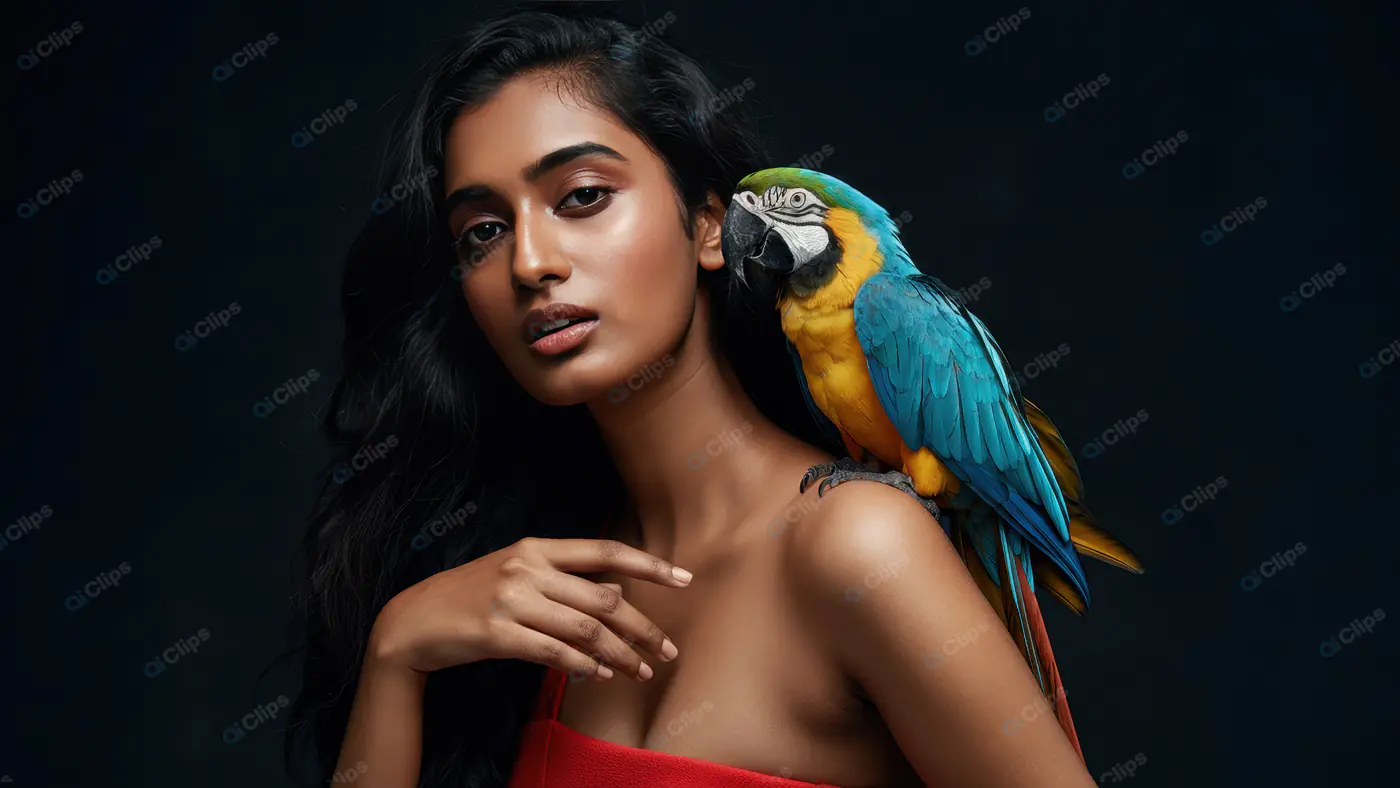 Elegant Woman with Macaw Parrot on Shoulder in Studio Portrait