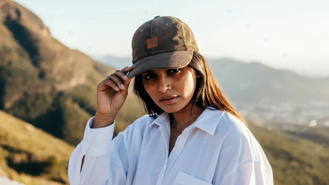 Confident Woman in Cap and White Shirt with Mountain Backdrop