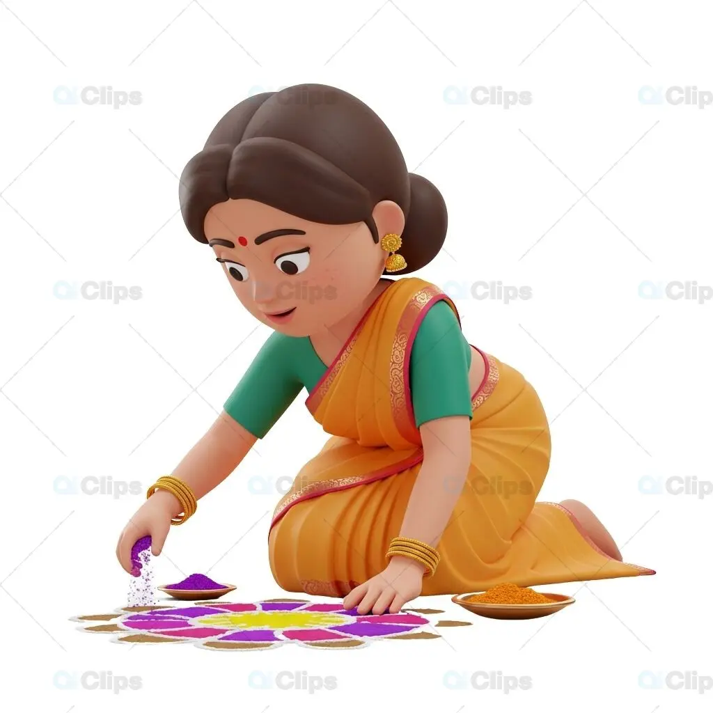3D Indian Woman Designing Rangoli