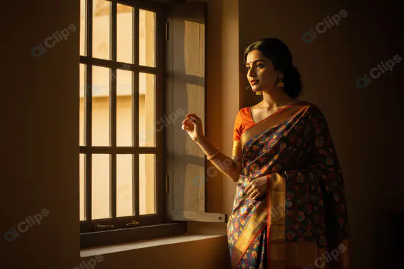 Traditional Indian Woman Gazing Out a Window in Soft Golden Light