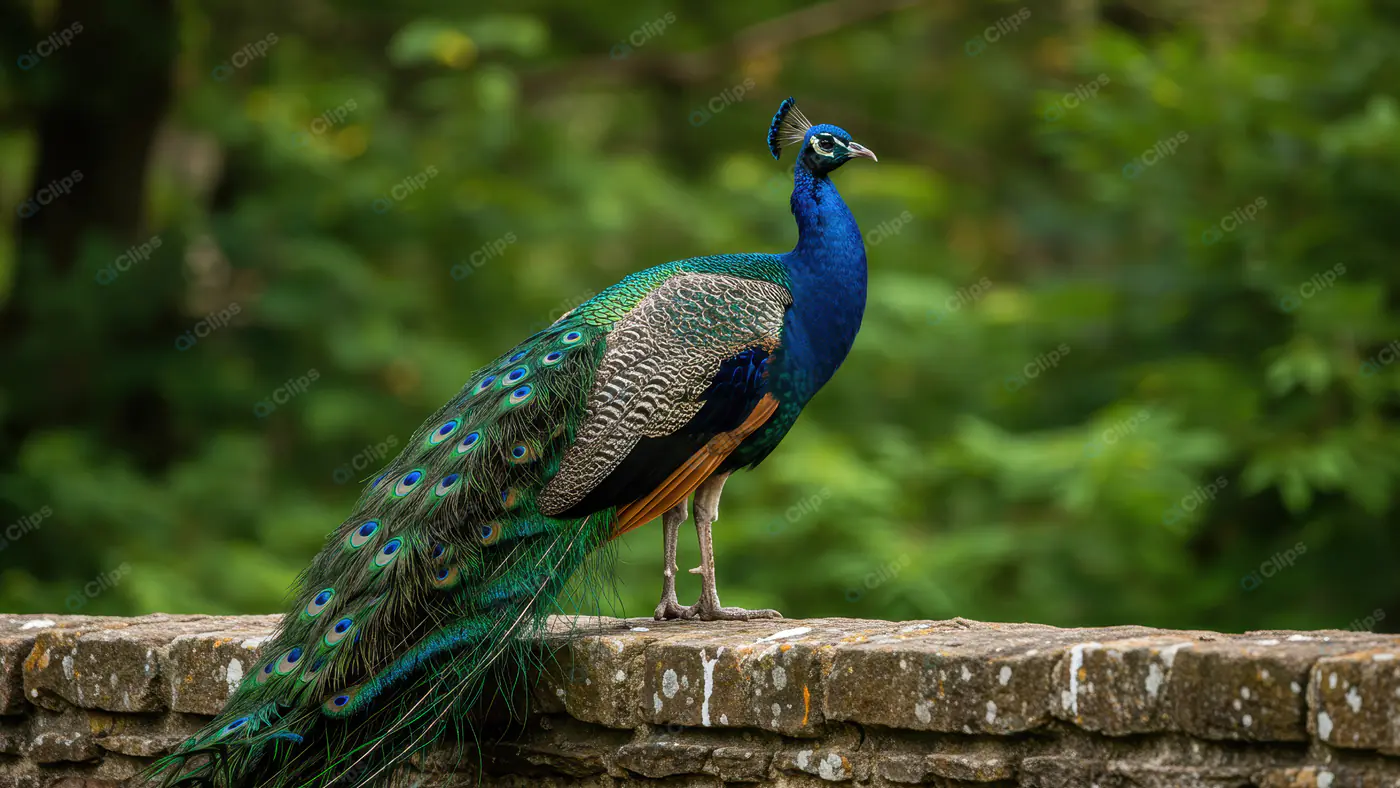 Indian Peacock Standing Gracefully on a Stone Wall in Lush Greenery