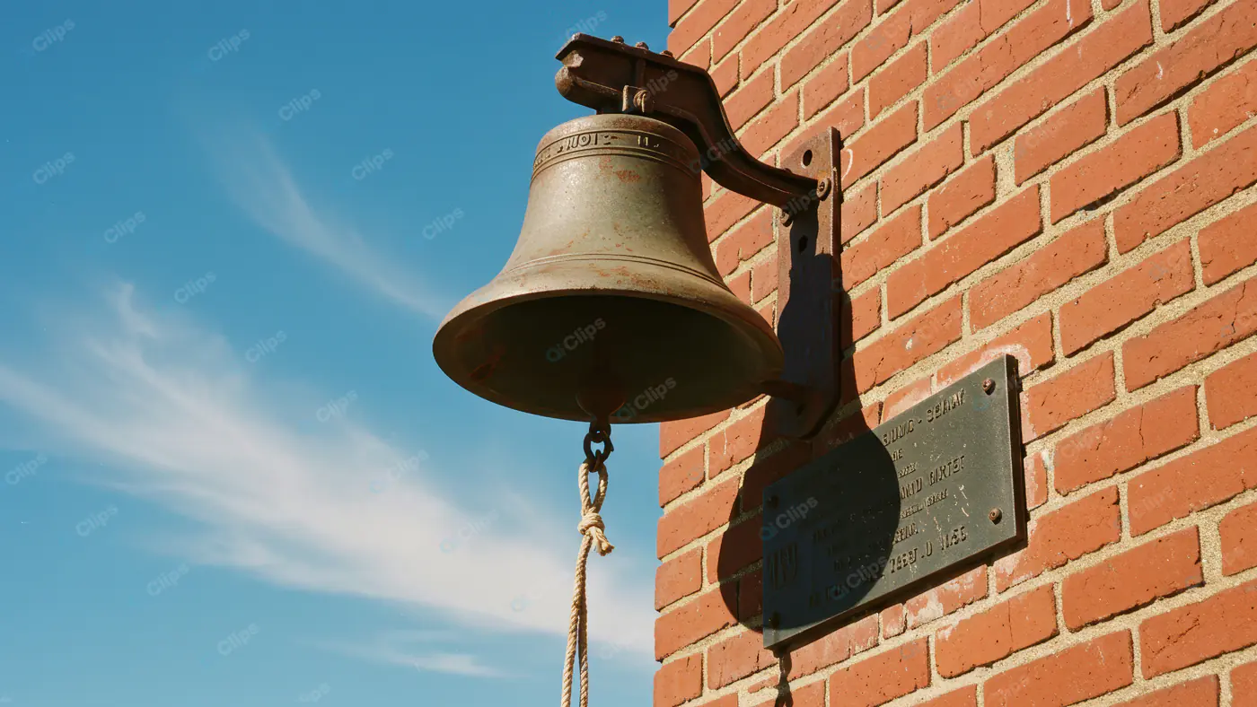 Vintage Bell Mounted on Brick Wall Under Blue Sky