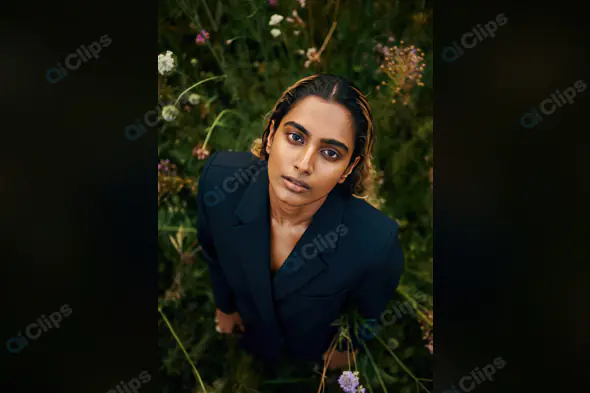 Stylish Indian Woman in Black Blazer Amidst Wildflowers