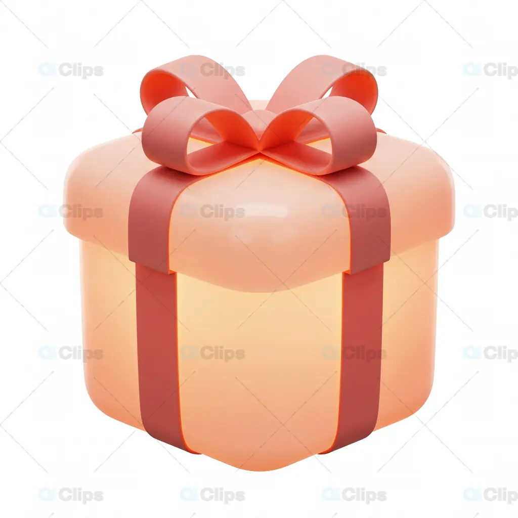 3D Peach Gift Box with Red Ribbon and Transparent Background