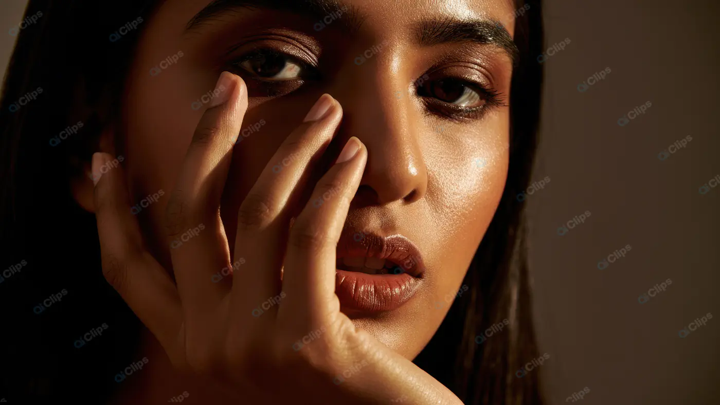 Close-Up Beauty Portrait of Woman with Glowing Skin and Sensual Expression