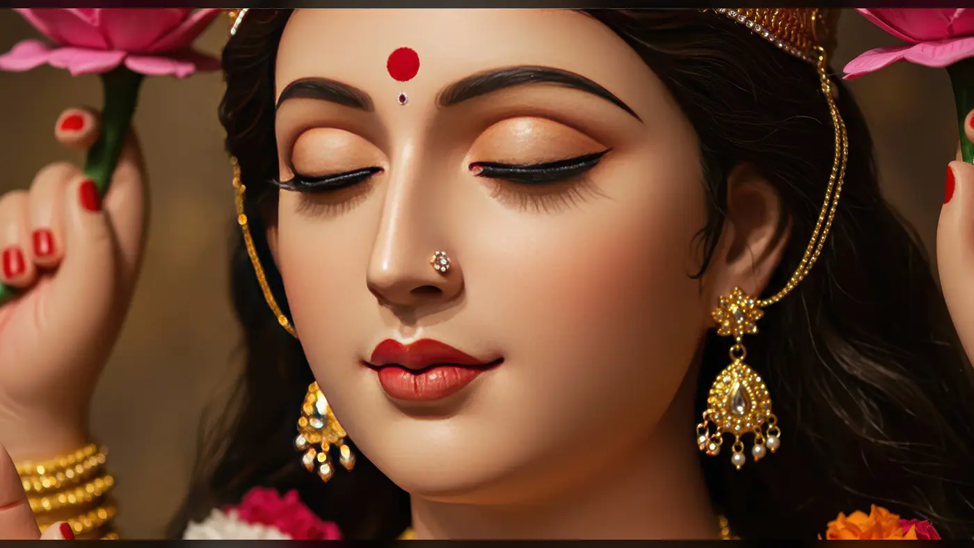 Graceful Portrait of Indian Goddess Devi Holding Lotus Flowers
