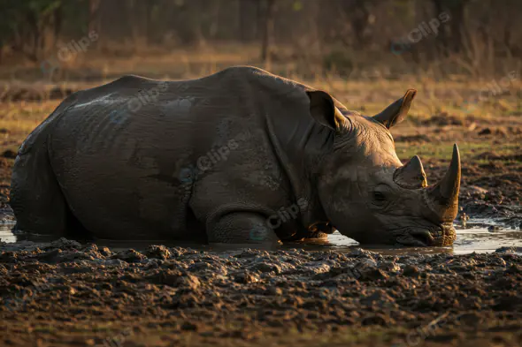 Wild Rhinoceros Cooling in Muddy Waterhole at Sunset