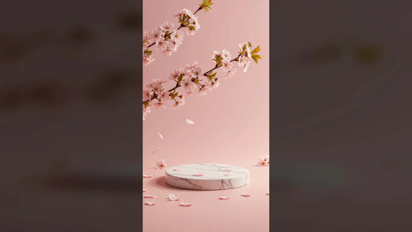 Marble Display Mockup with Cherry Blossom Branches on Pink Background