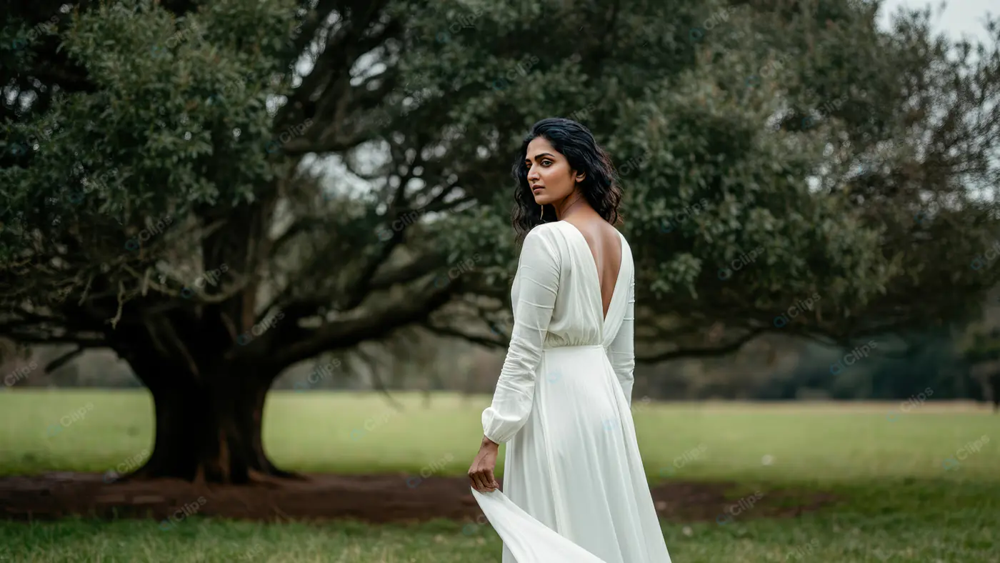 Graceful Woman in Backless White Dress in Nature