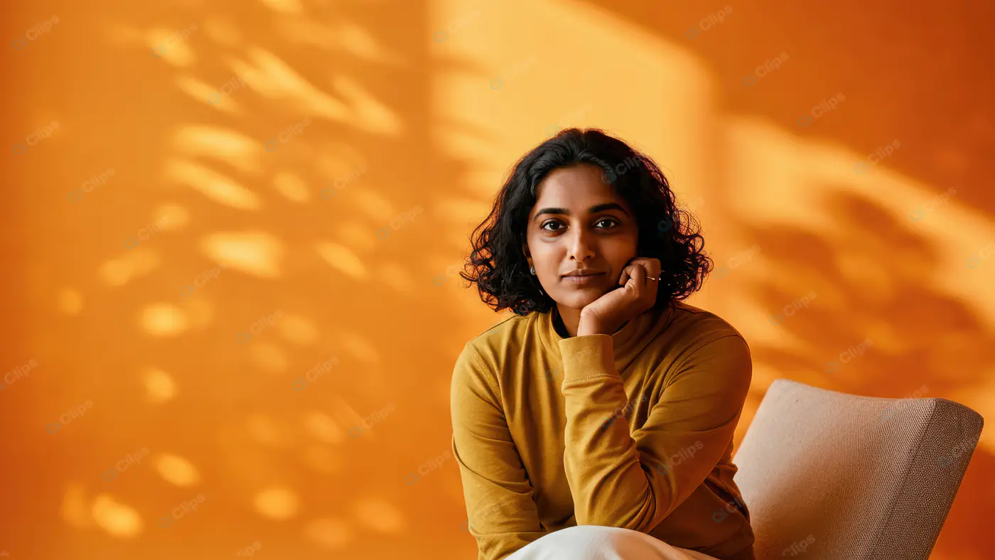 Confident Indian Woman in Mustard Sweater with Minimalist Background