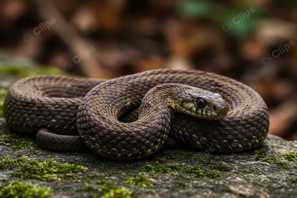 Coiled Brown Snake Resting on Mossy Rock in Nature