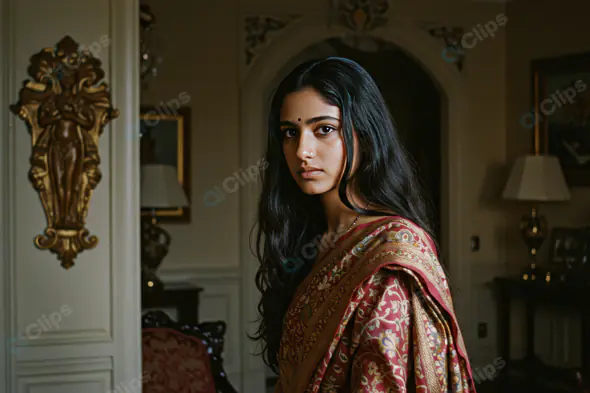 Traditional Indian Woman in Red Saree – Classic Cultural Portrait Indoors