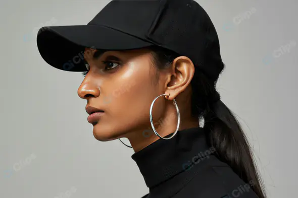 Stylish Indian Woman in Black Cap and Turtleneck with Hoop Earrings
