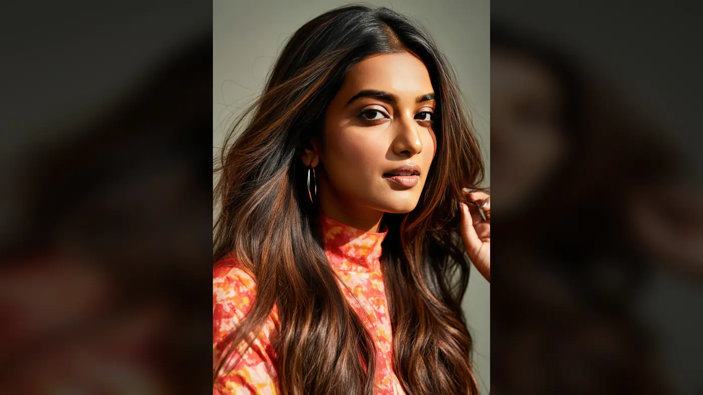 Stylish Indian Woman with Long Hair in Hoop Earrings and Floral Top