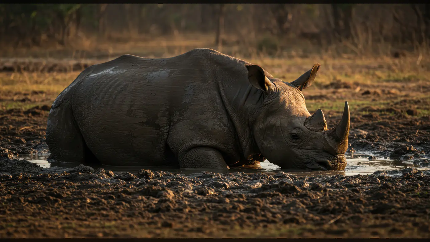 Wild Rhinoceros Cooling in Muddy Waterhole at Sunset