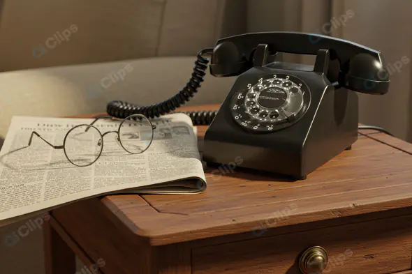 Retro Black Rotary Phone with Newspaper and Glasses – Classic Vintage Home Scene