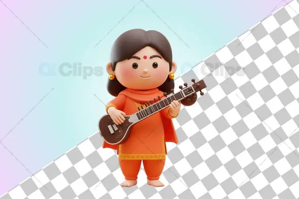 Indian Woman Holding Sitar - 3D Illustration