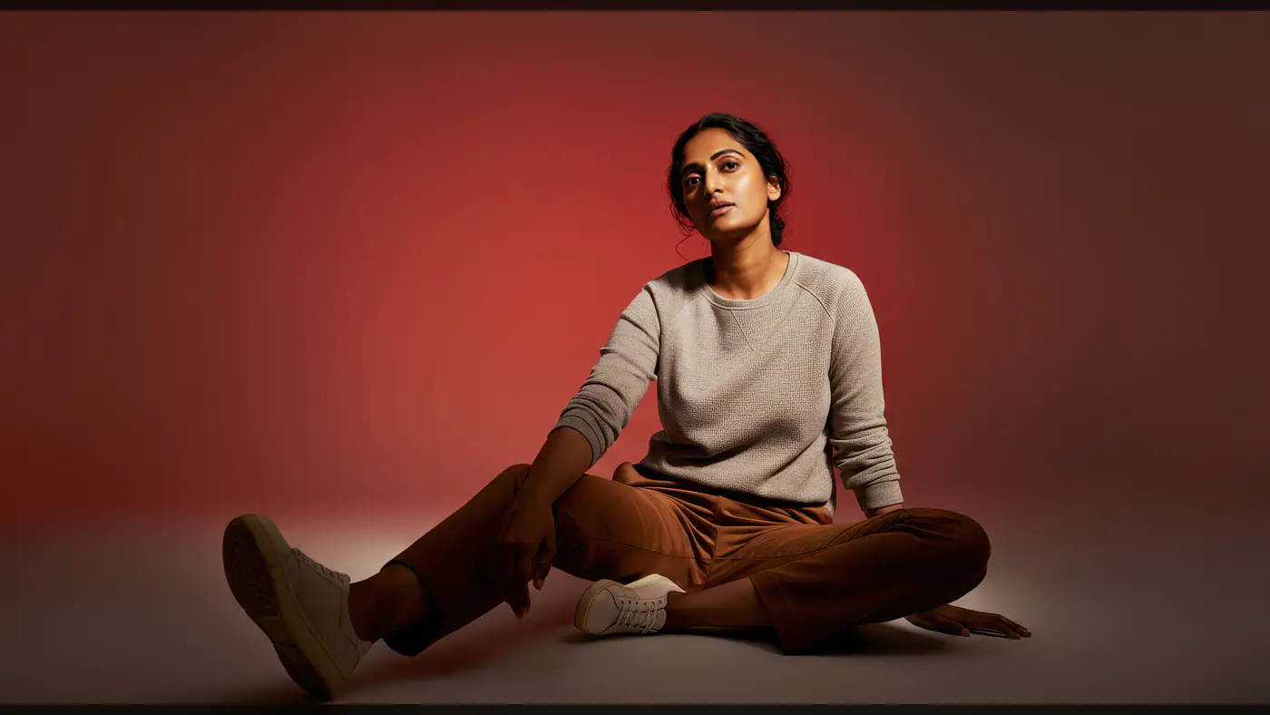 Relaxed Woman in Casual Outfit with Red Studio Background