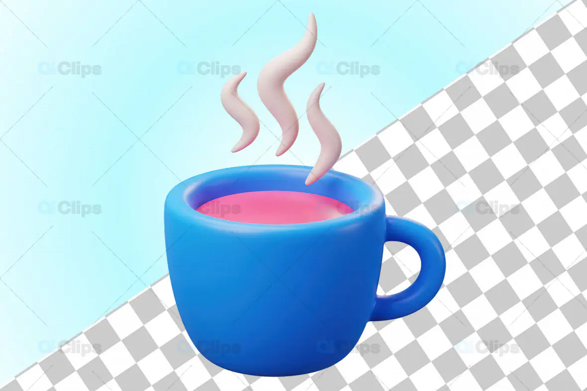 3D Blue Coffee Mug with Steam and Pink Drink