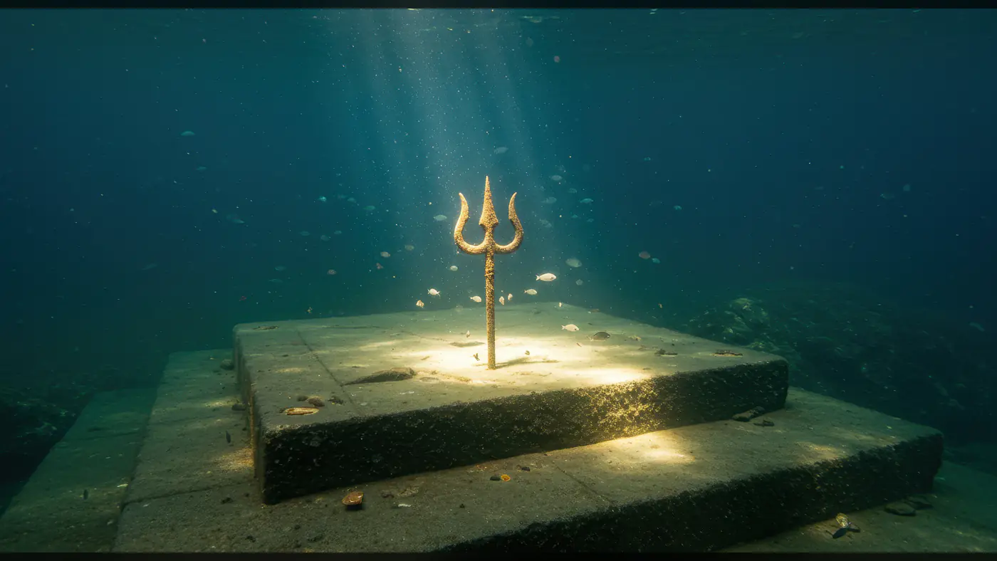 Divine Underwater Trishul with Mystical Sun Rays in the Deep Sea
