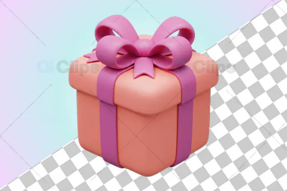 3D Peach Gift Box with Pink Ribbon and Transparent Background