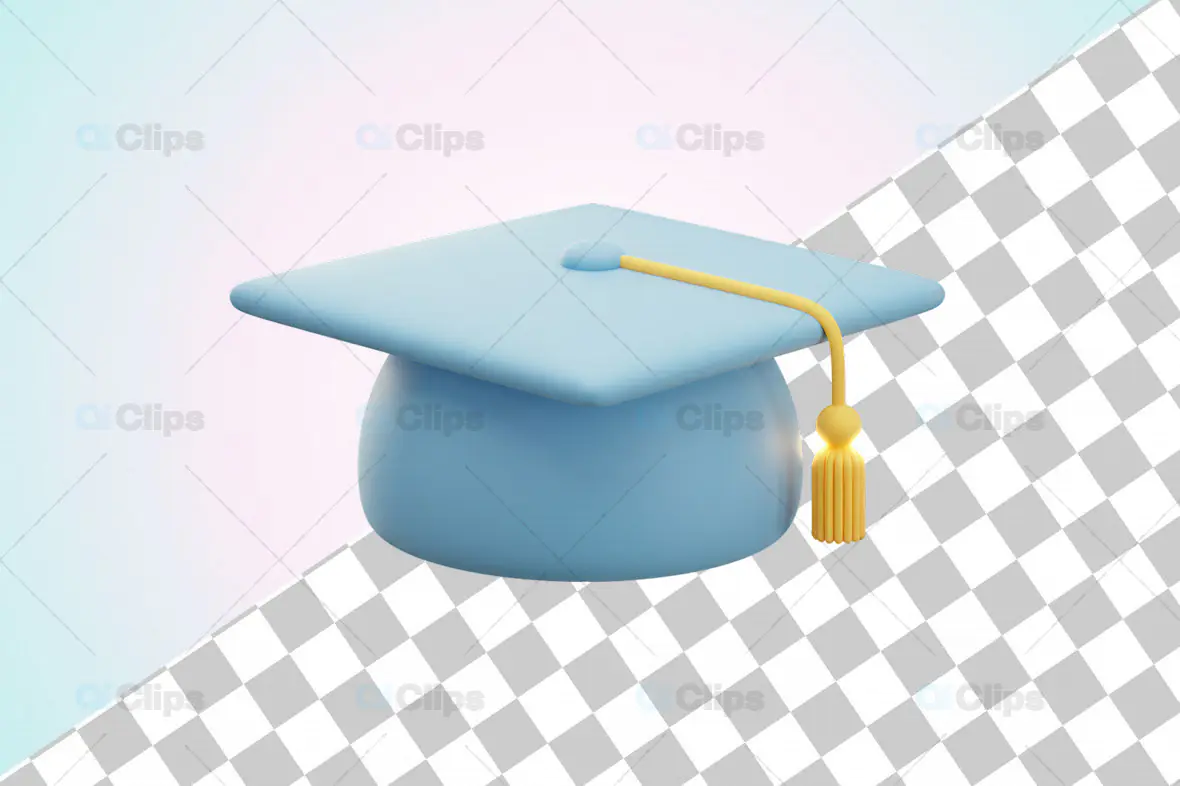 3D Blue Graduation Cap with Yellow Tassel and Transparent Background