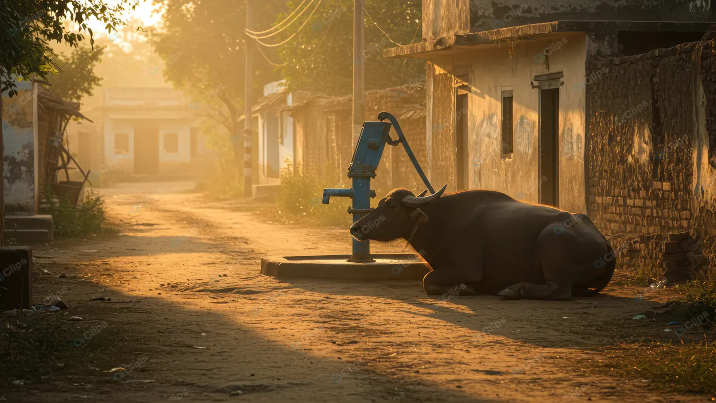 Indian Village Morning Scene with Buffalo Resting by Hand Pump