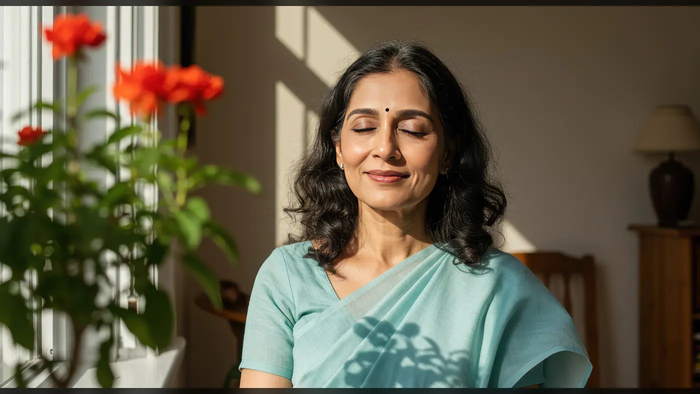 Peaceful Indian Woman Meditating by Window in Sunlight