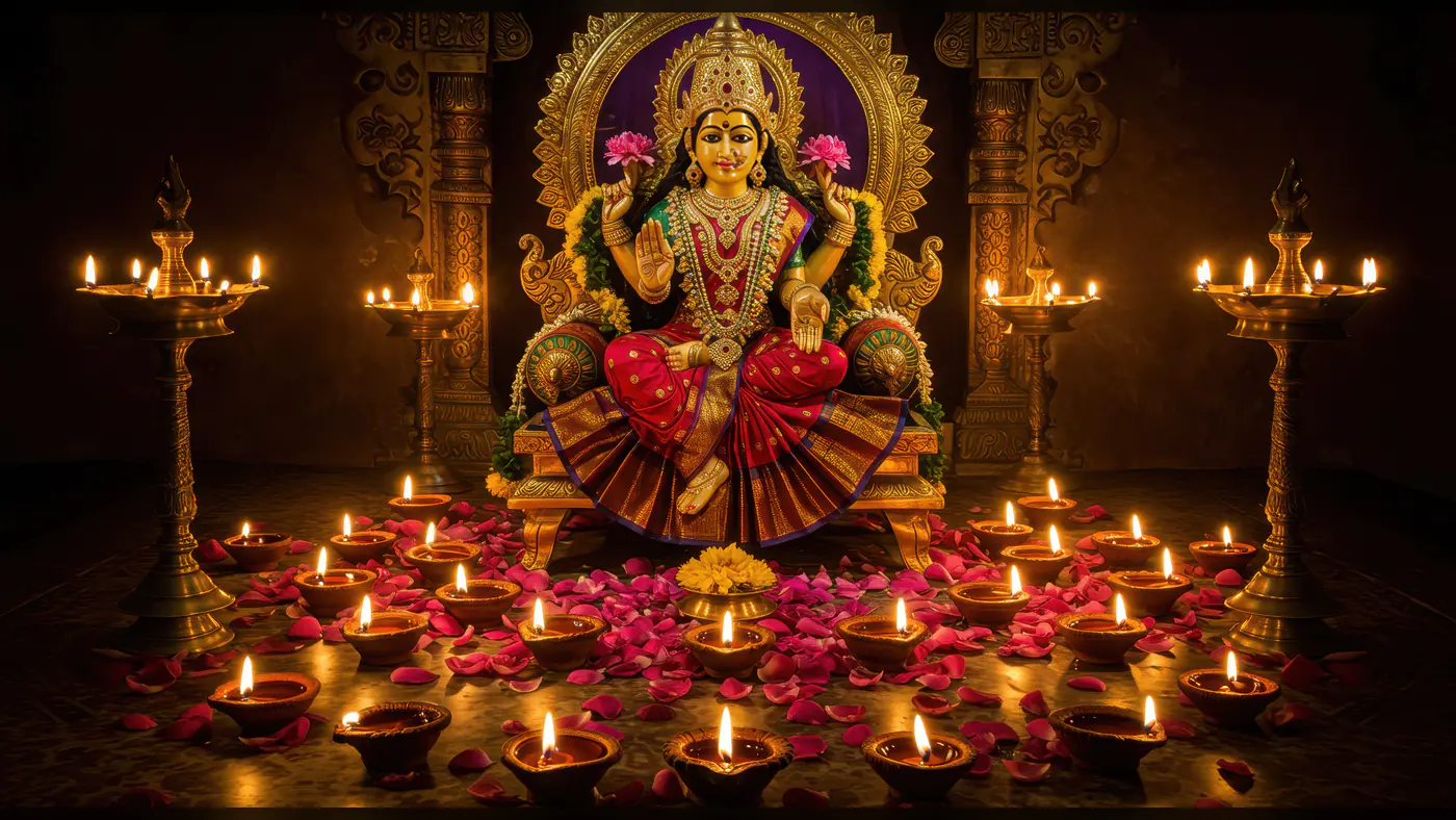 Goddess Lakshmi Idol with Diyas and Petals for Diwali Puja Decoration