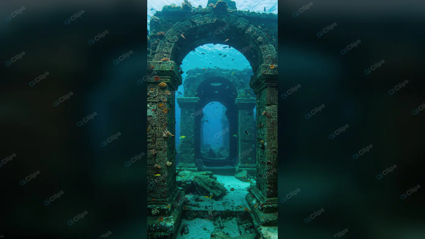 Ancient Indian Temple Corridor Submerged Underwater with Marine Life