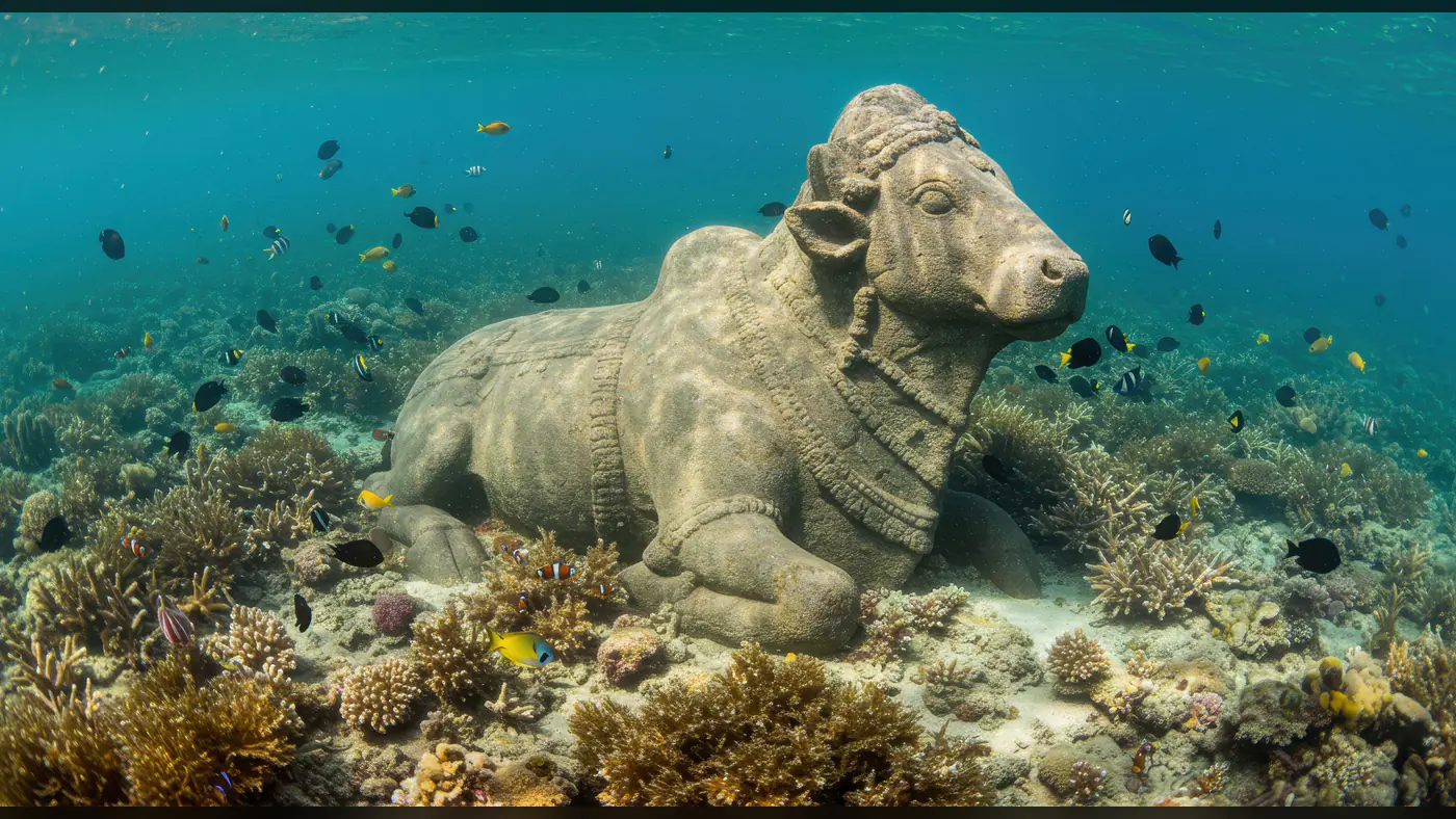 Submerged Nandi Statue Surrounded by Vibrant Coral and Fish