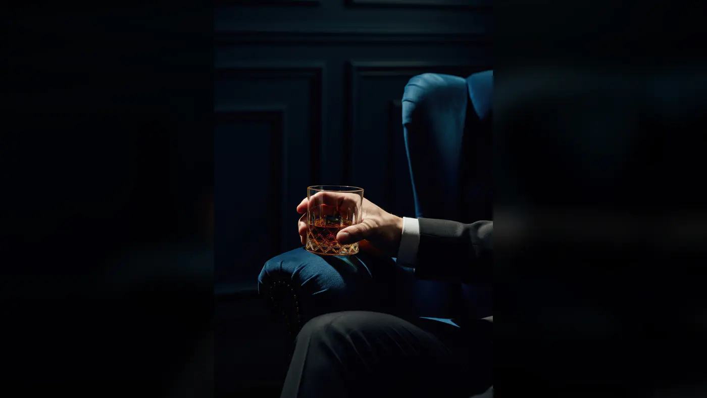 Elegant Man in Suit Holding Whiskey Glass in Luxury Armchair