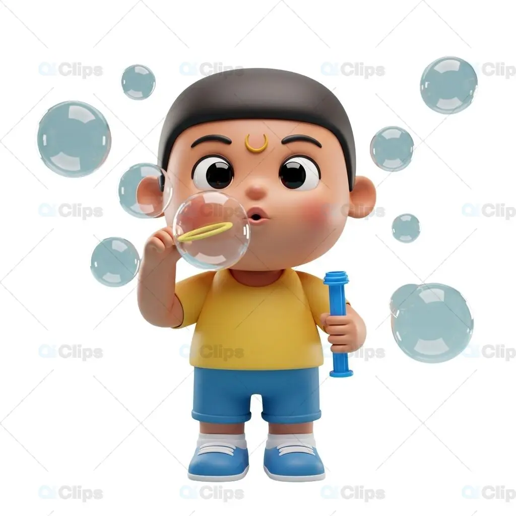 Adorable 3D Kid Blowing Bubbles Illustration