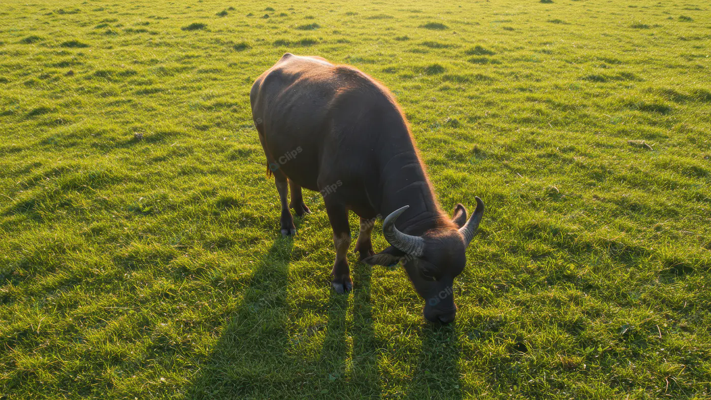 Indian Buffalo Grazing Peacefully on Lush Green Pasture at Sunset