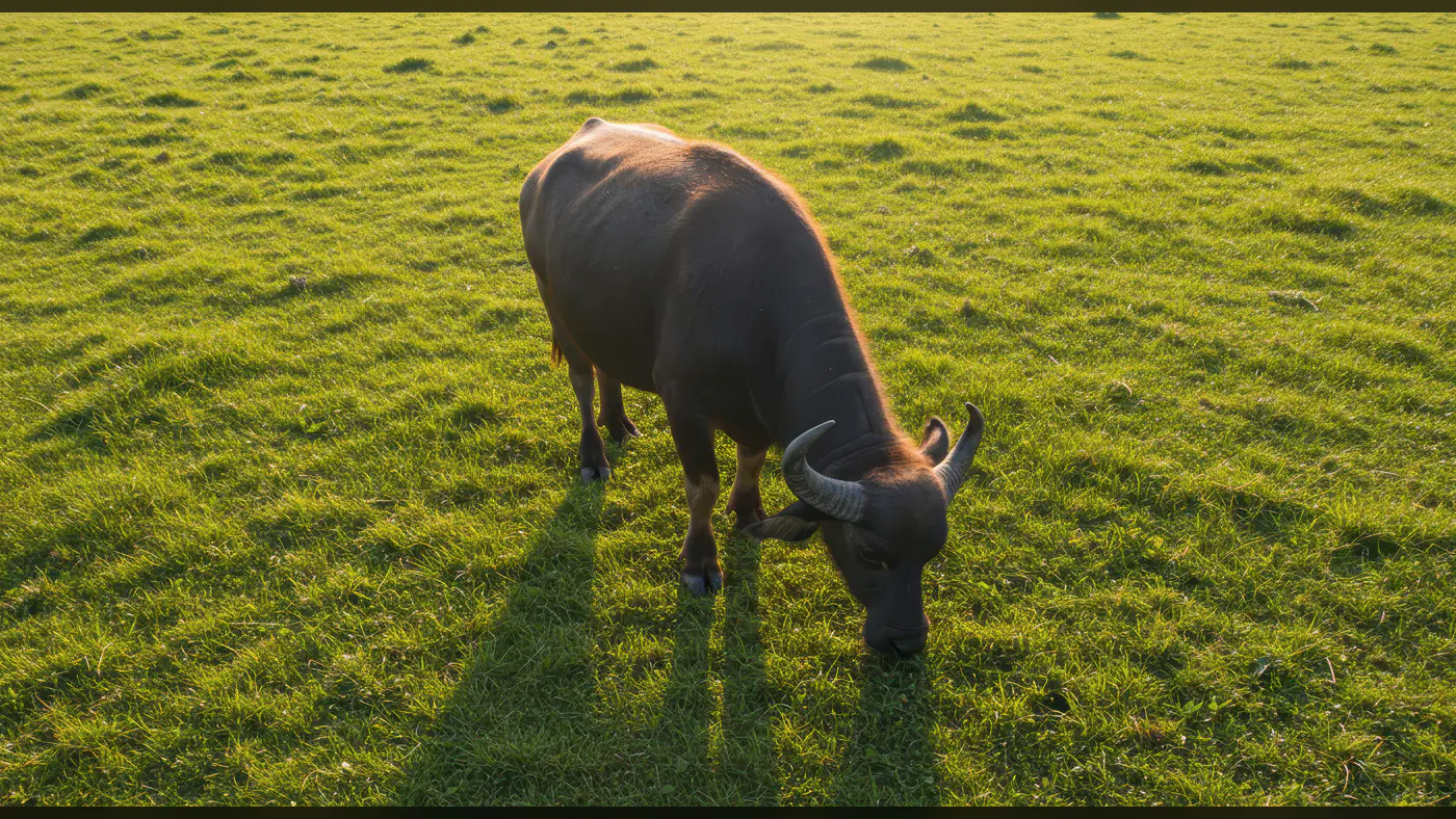 Indian Buffalo Grazing Peacefully on Lush Green Pasture at Sunset